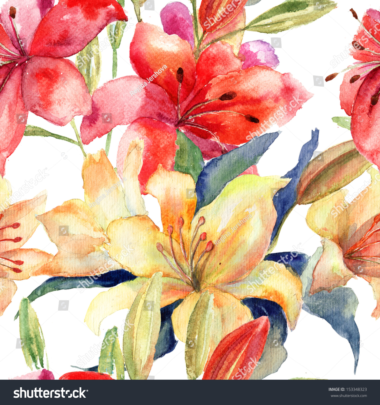 Seamless Wallpaper Lily Flowers Watercolor Illustration Stock