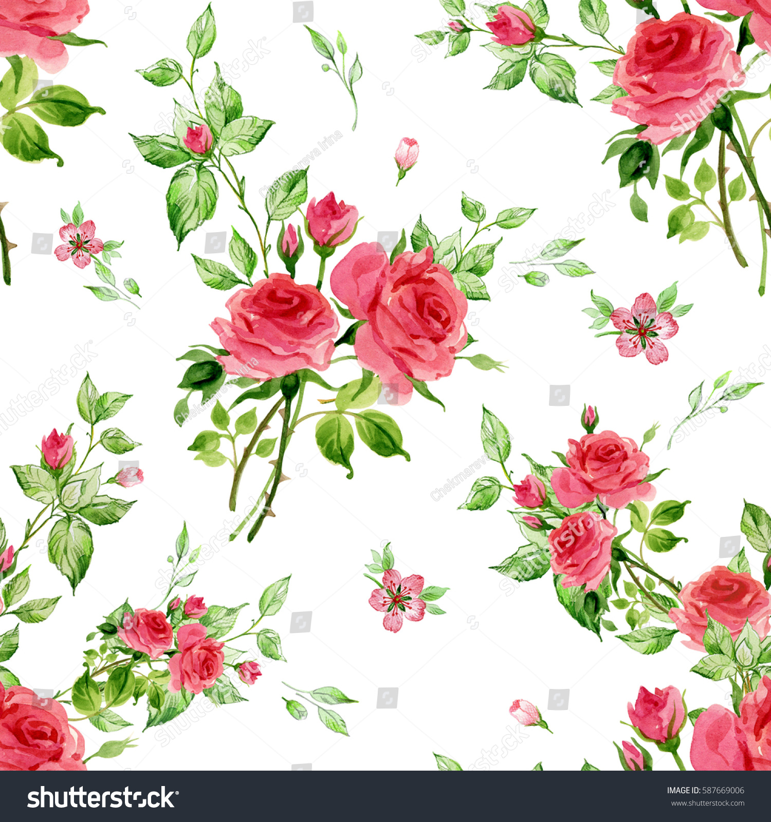 Seamless Watercolor Pattern Rose Buds Leaves Stock Illustration