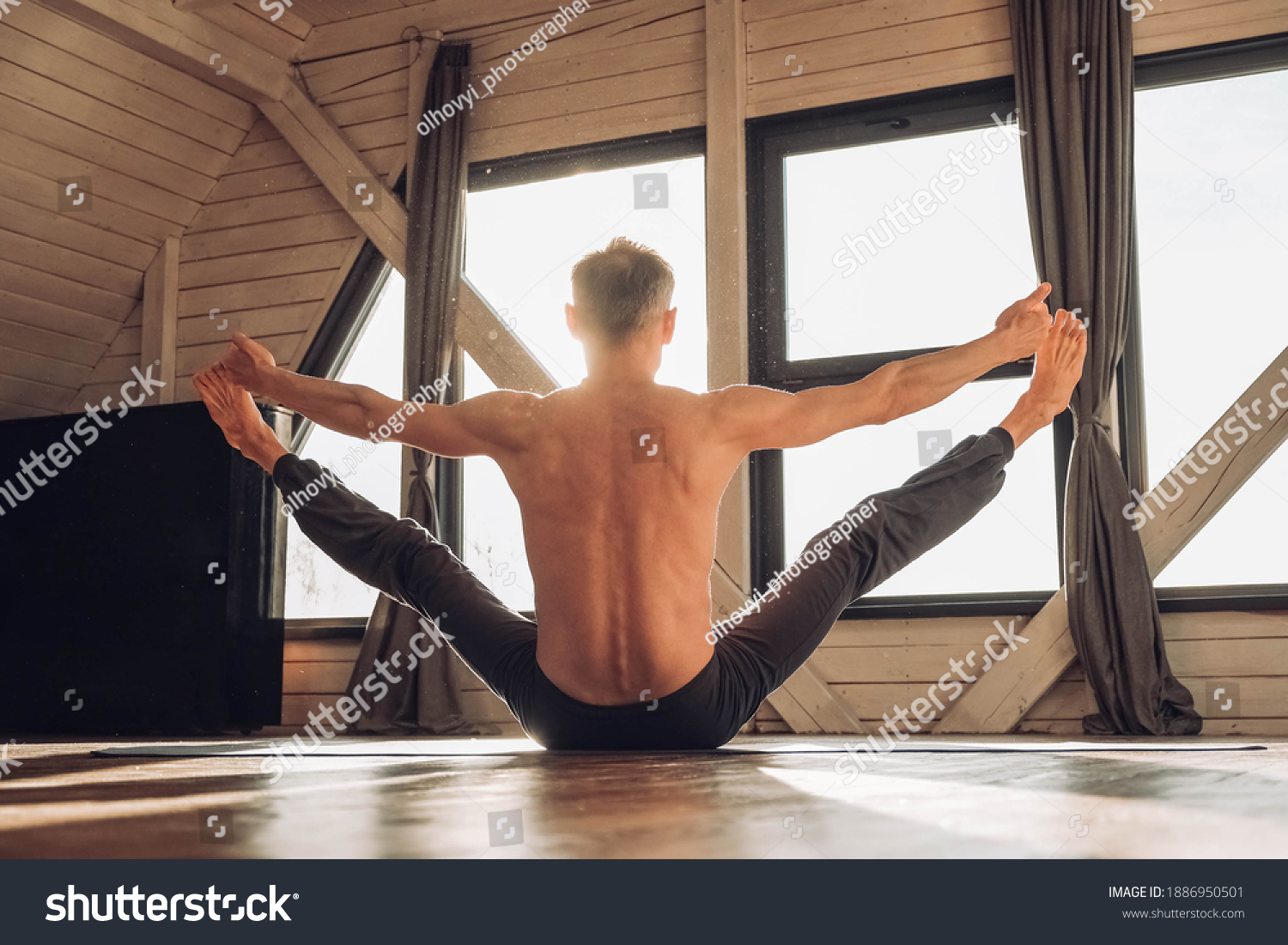 Senior Man Naked Torso Practicing Yoga Stock Photo