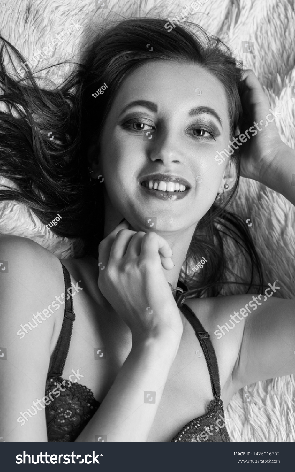 Sensual Aroused Woman Lingerie Lying On Stock Photo