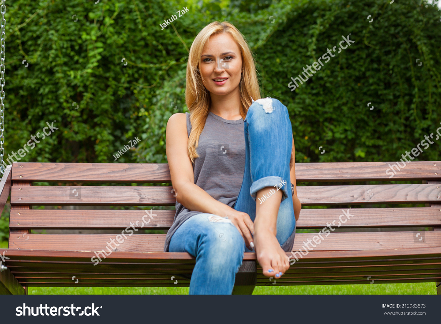 Sensual Blonde Woman Sitting In Park On Wooden Bench Outdoor Photo She Looks Relaxed