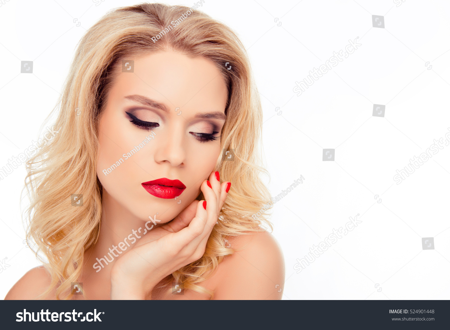 Sensual Sexy Blonde Red Lips Touching Stock Photo Edit Now