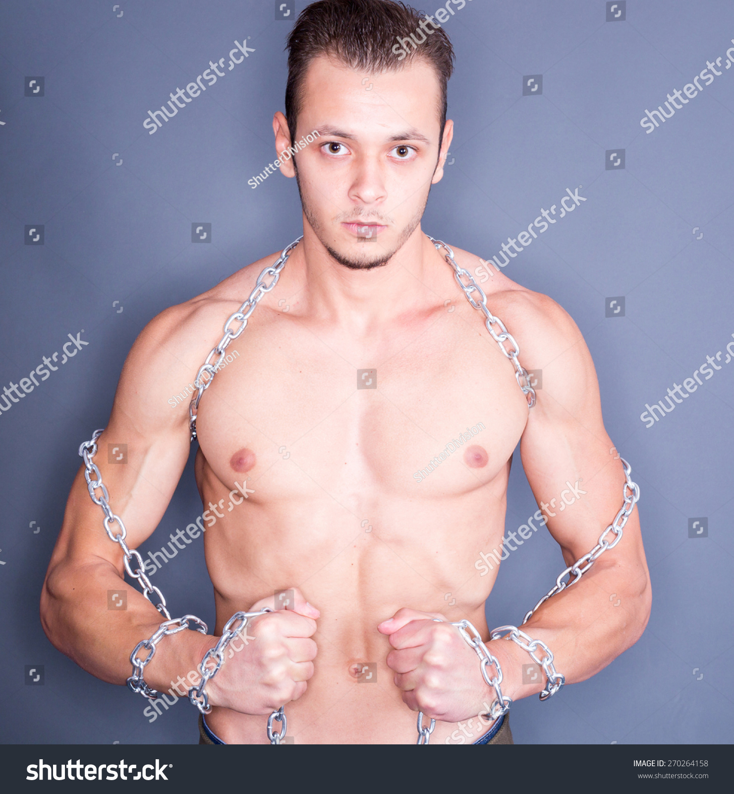 Serious Shirtless Naked Man Steel Chain Foto De Stock