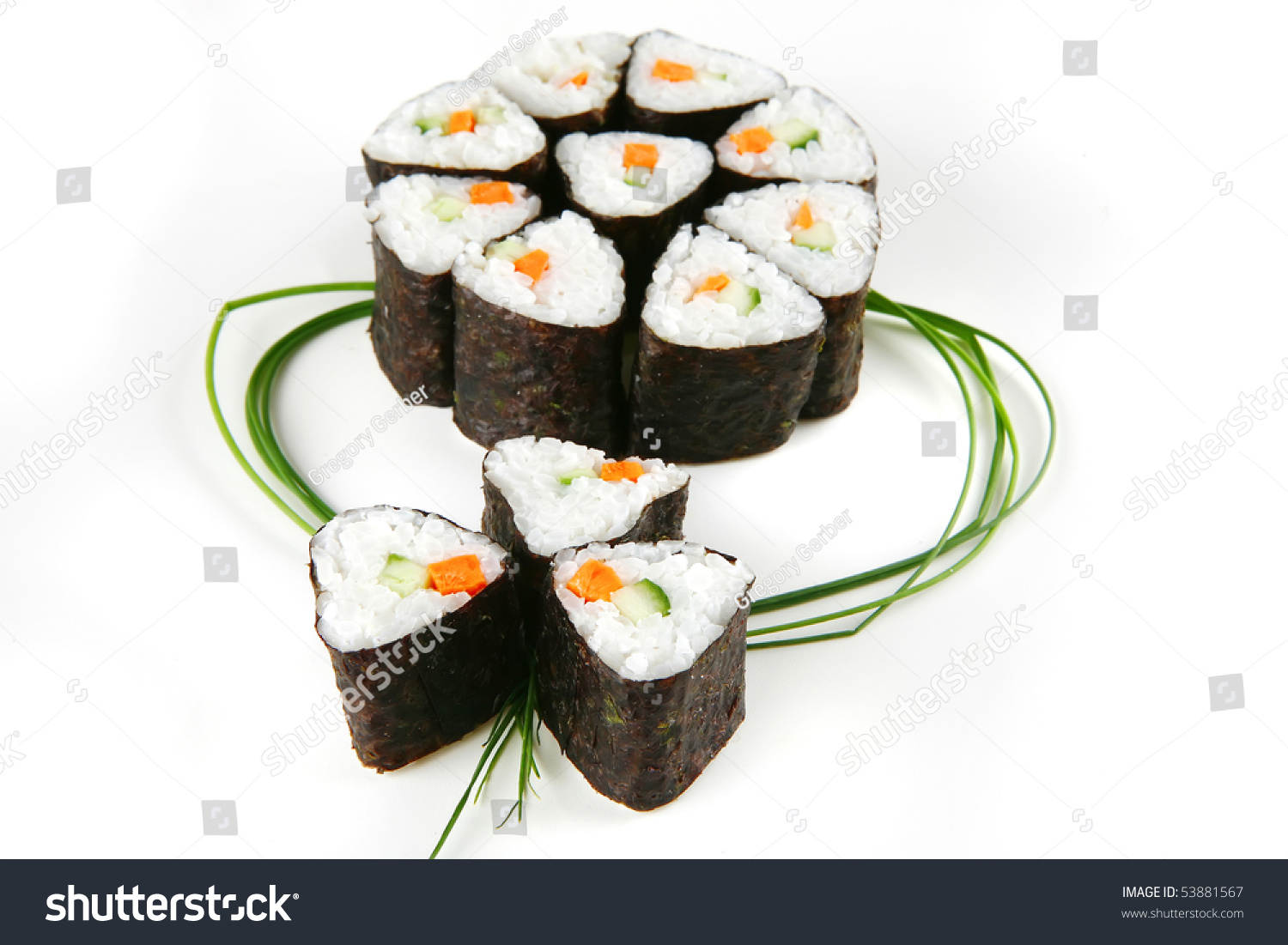 Rolls Served White With Green Stems Served Sushi Rolls With Green Stems White Stock Photo