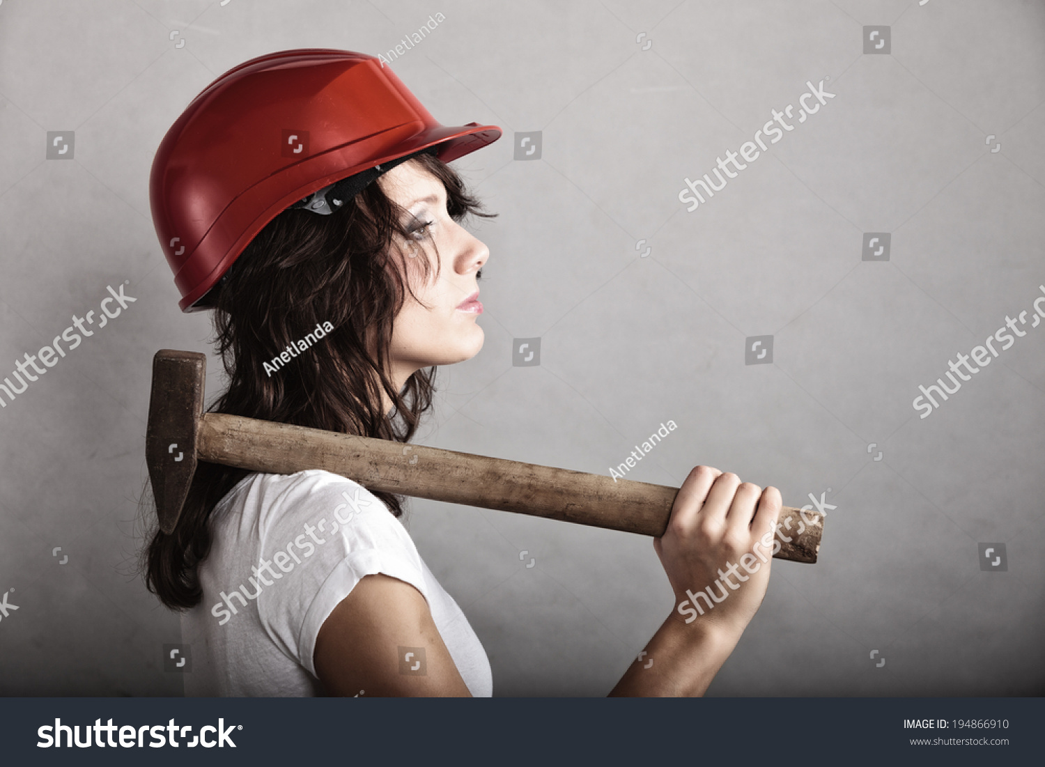 Sex Equality And Feminism Sexy Girl In Safety Helmet Holding Hammer