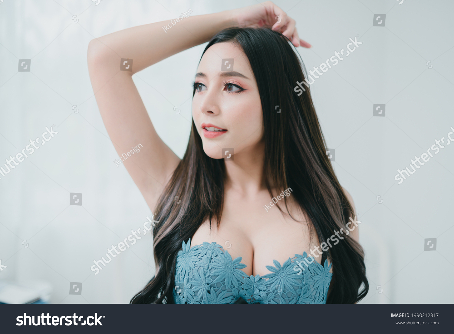 Sexy Asian Woman Blue Lingerie Bedroom Stock Photo Edit Now