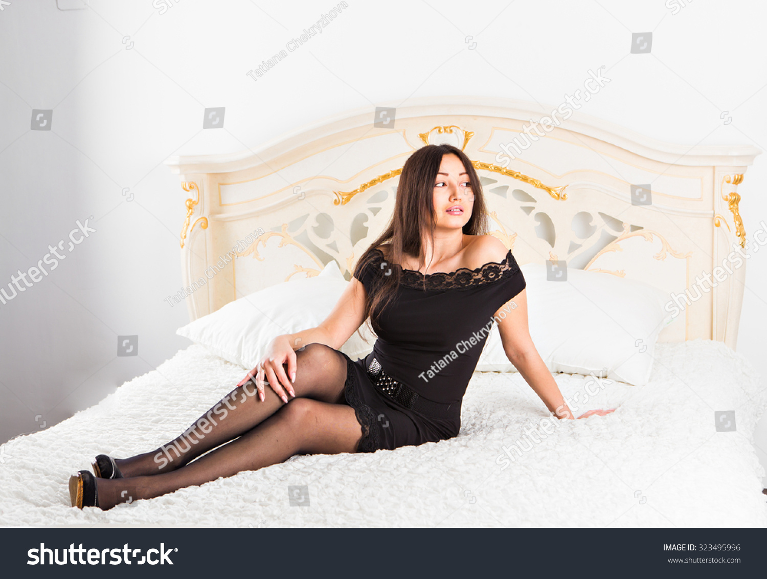 Sexy Beautiful Brunette Woman Lying Bed Stock Photo