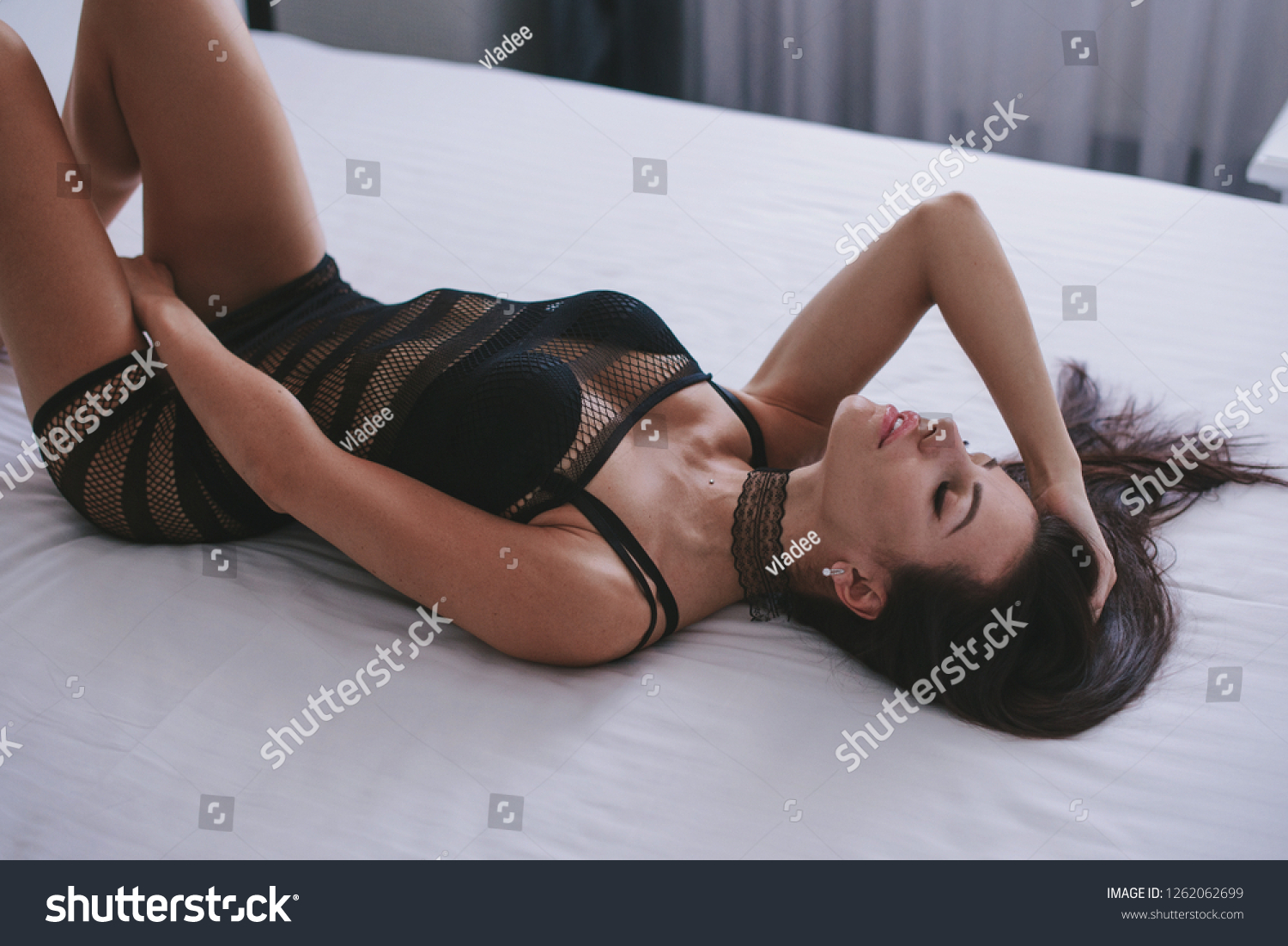 Sexy Beautiful Brunette Woman Lying Bed Foto Stok Shutterstock