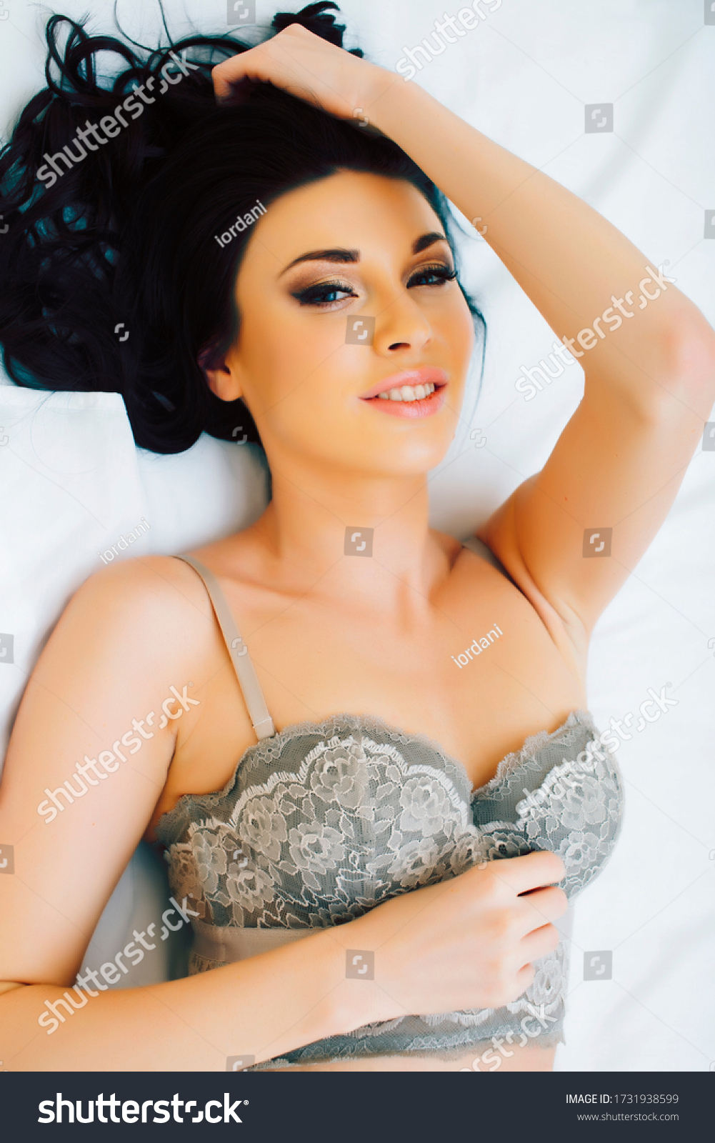 Sexy Beautiful Brunette Woman Lying Bed Stock Photo