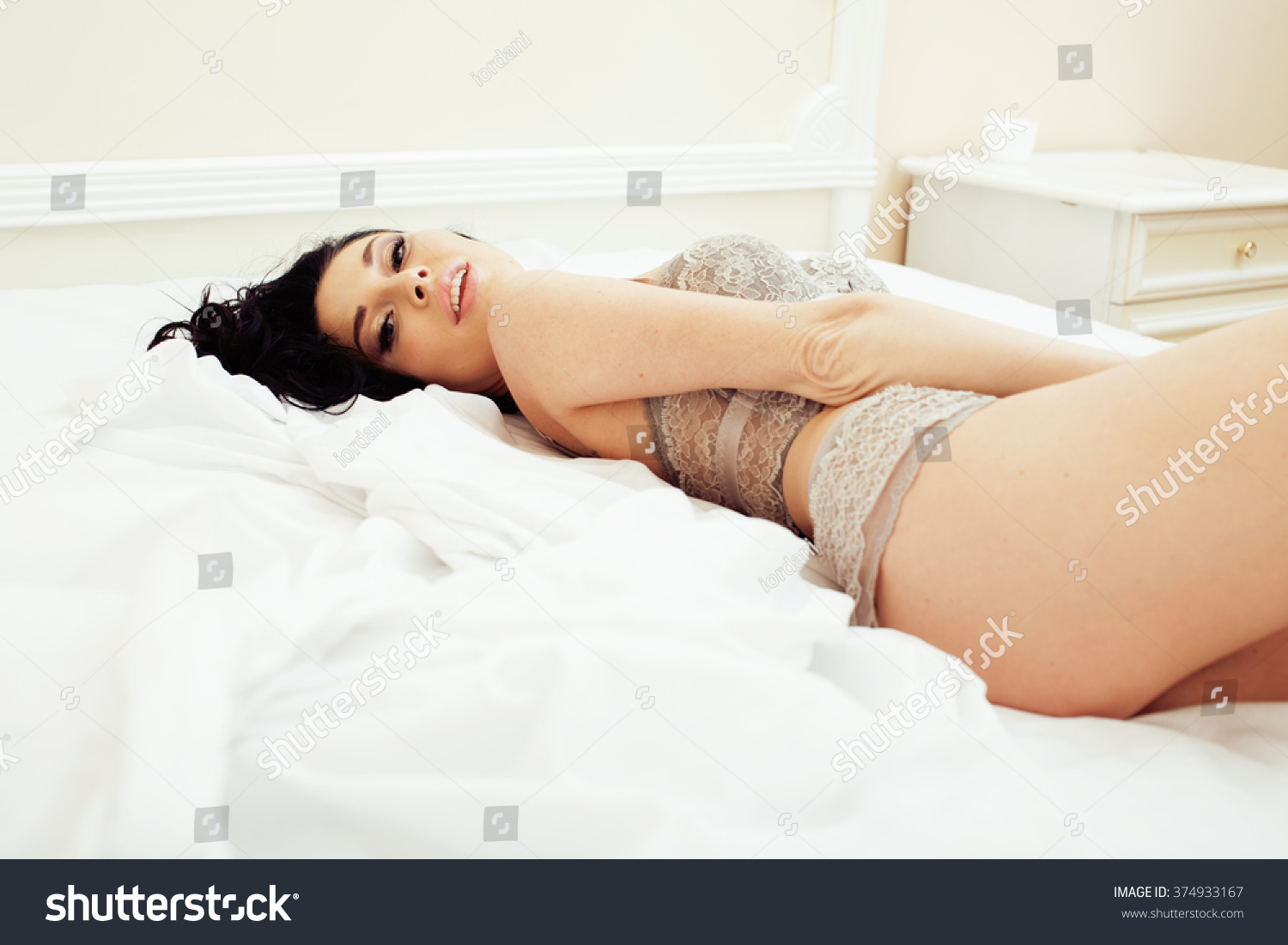 Sexy Beautiful Brunette Woman Lying Bed Shutterstock