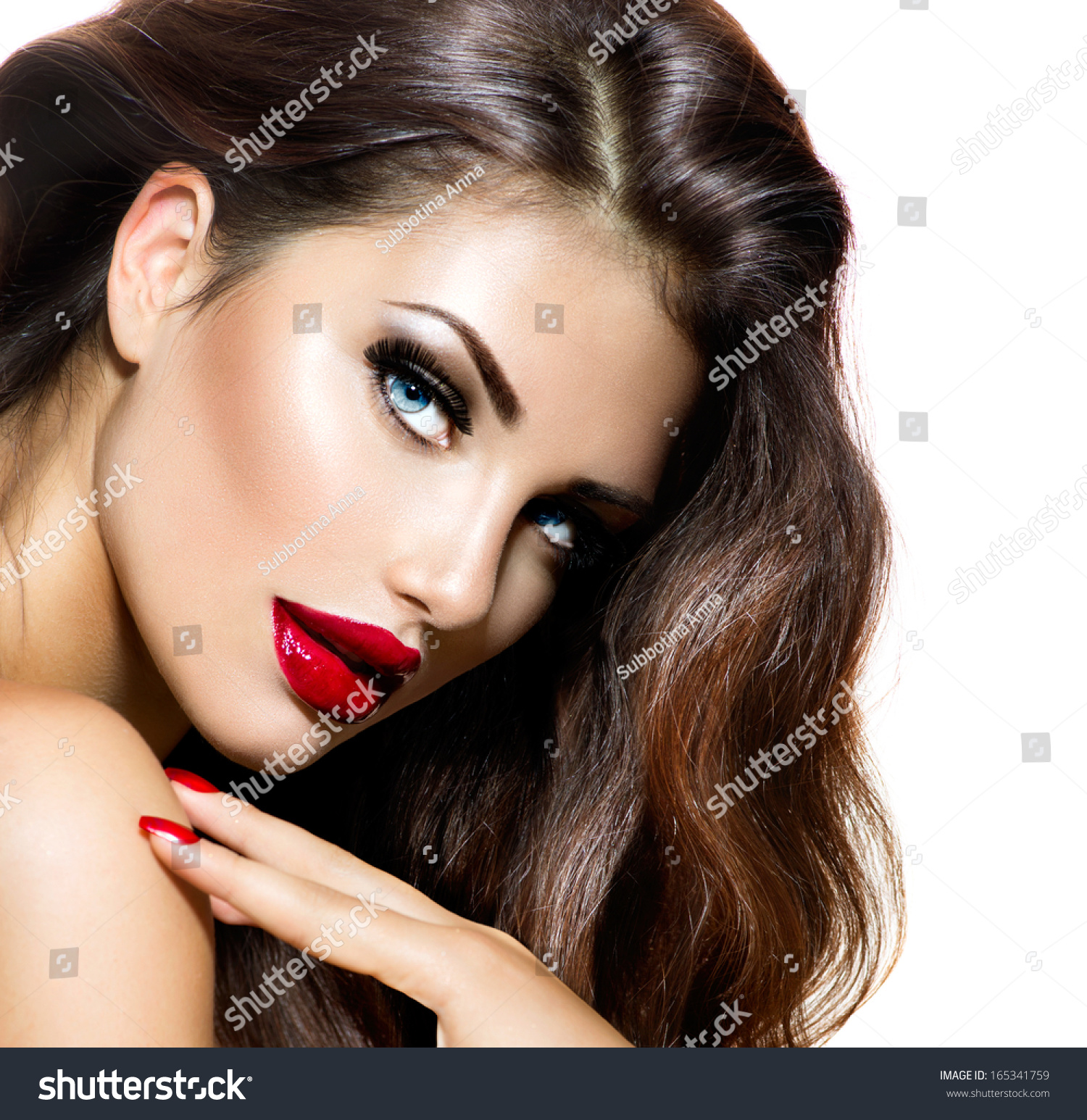 Sexy Beauty Girl With Red Lips And Nails Provocative Make Up Luxury Woman With Blue Eyes