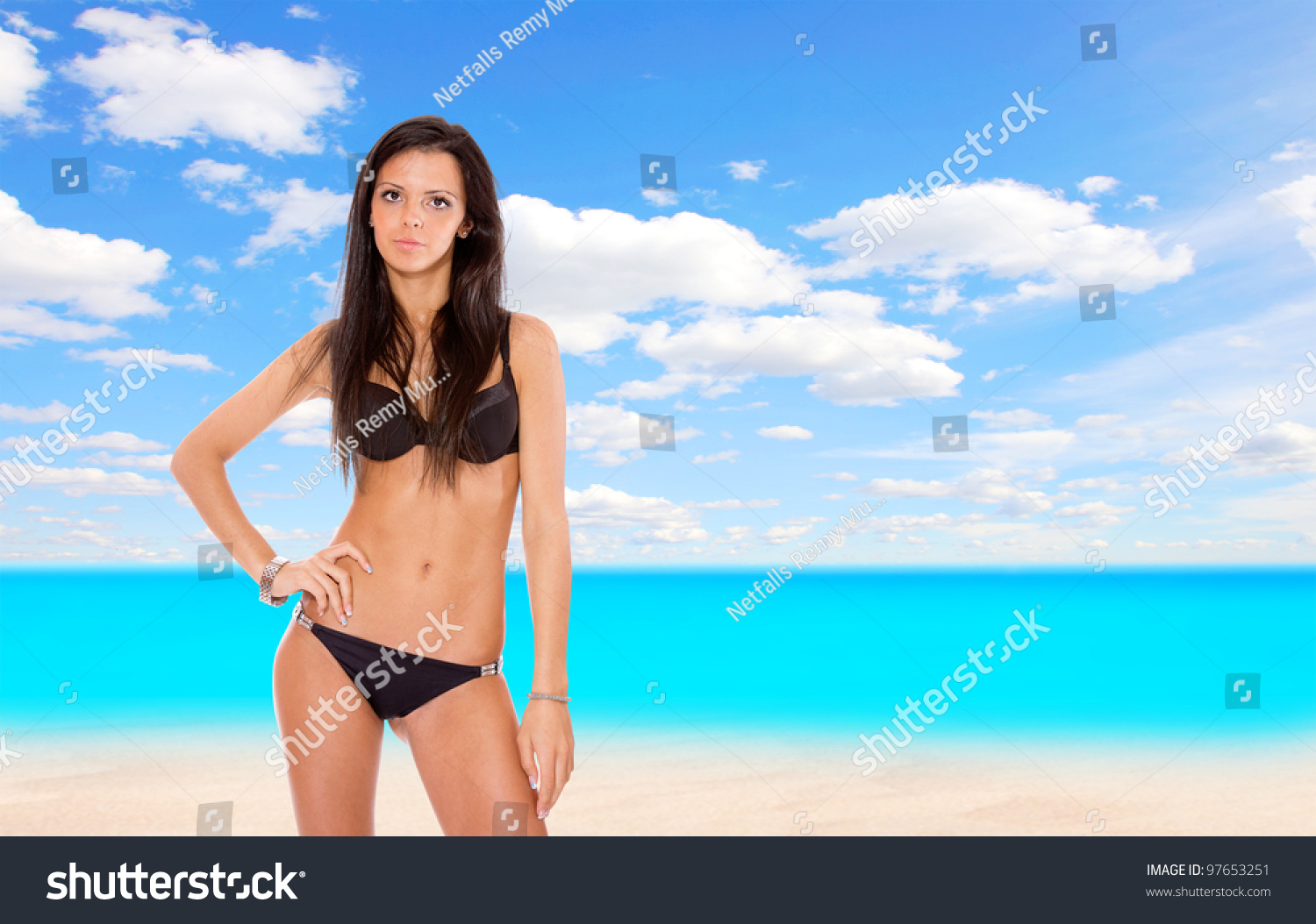 Sexy Bikini Model Over Sea Background Stock Photo Edit Now