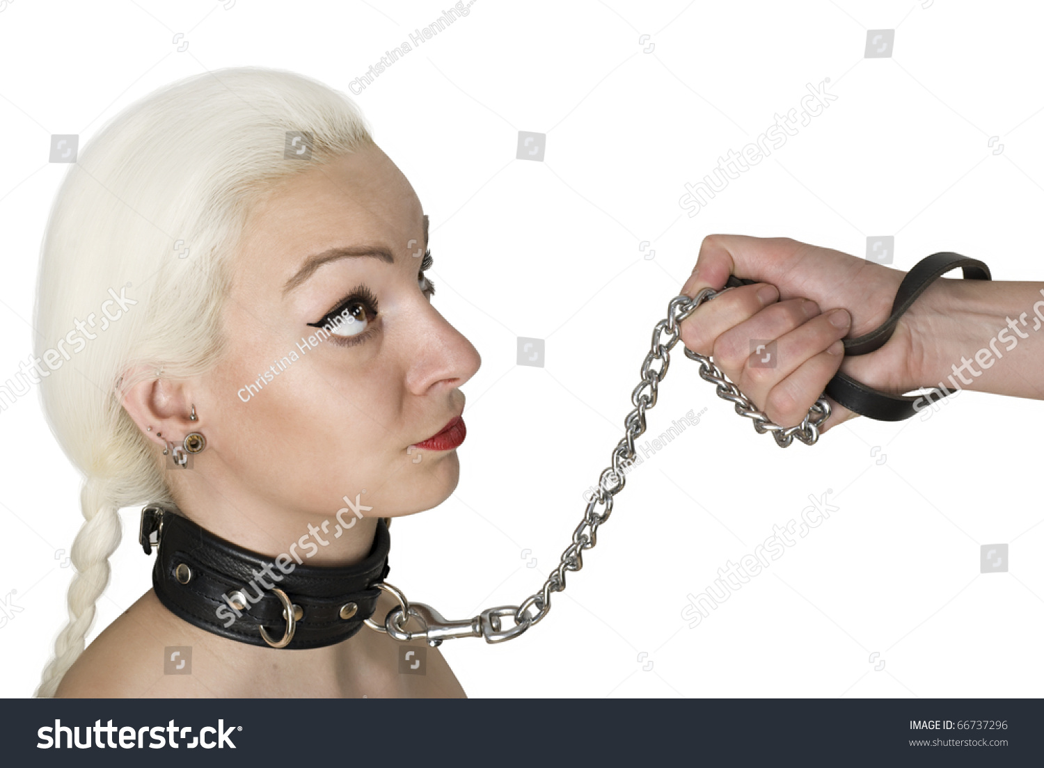 Sexy Blond Woman With Leather Collar And Leash Holding By Male S Hand Stock Photo