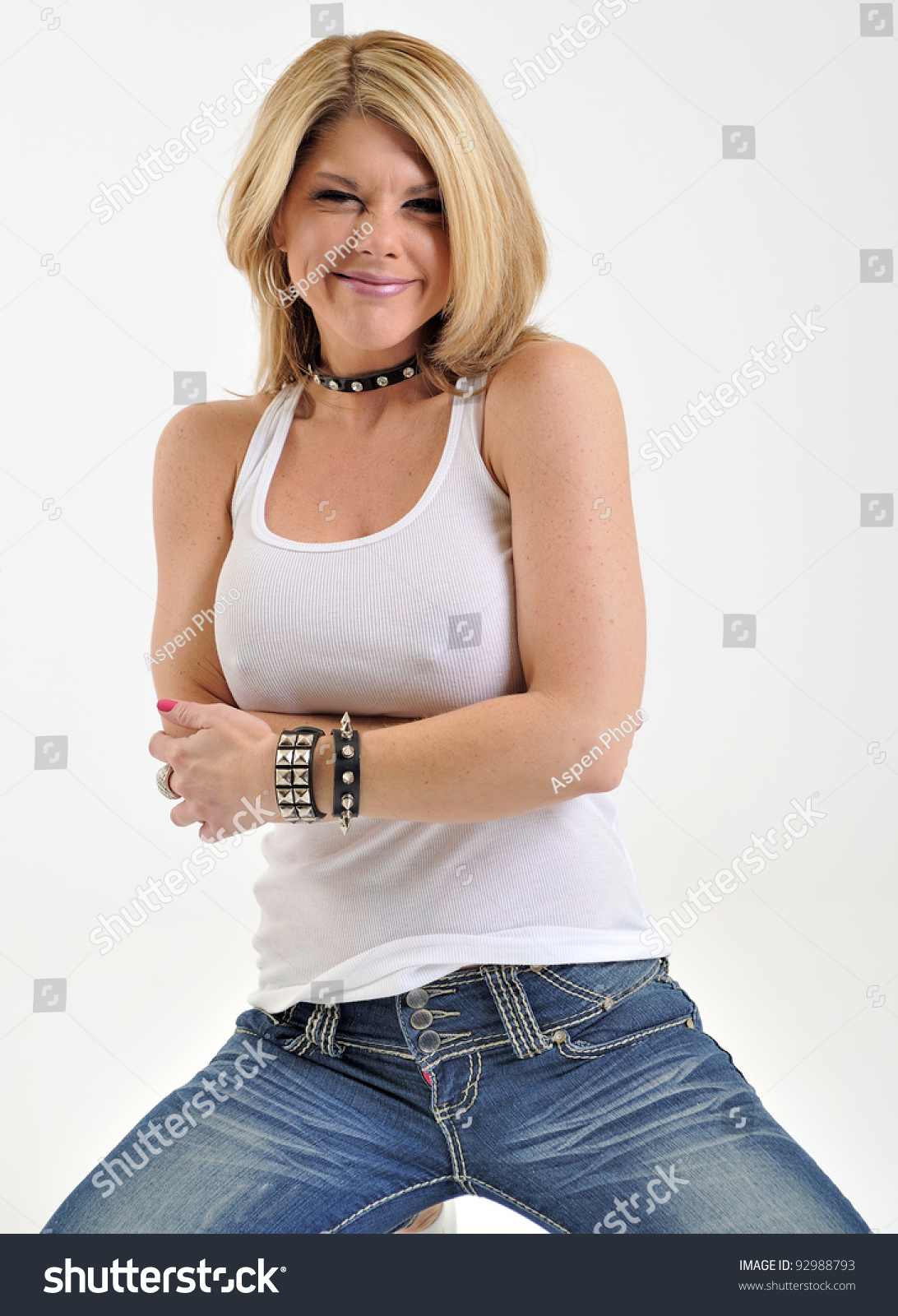 Sexy Blonde Woman White Tank Blue Stock Photo 14940 Hot Sex Picture