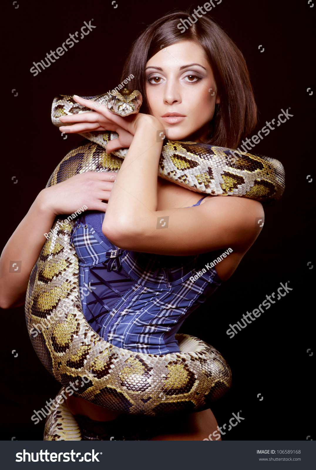 Sexy Brunette Holding Python Over Black Background Stock Photo