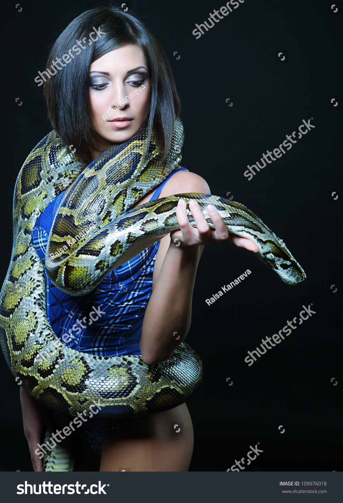 Sexy Brunette Holding Python Over Black Background Stock Photo Shutterstock