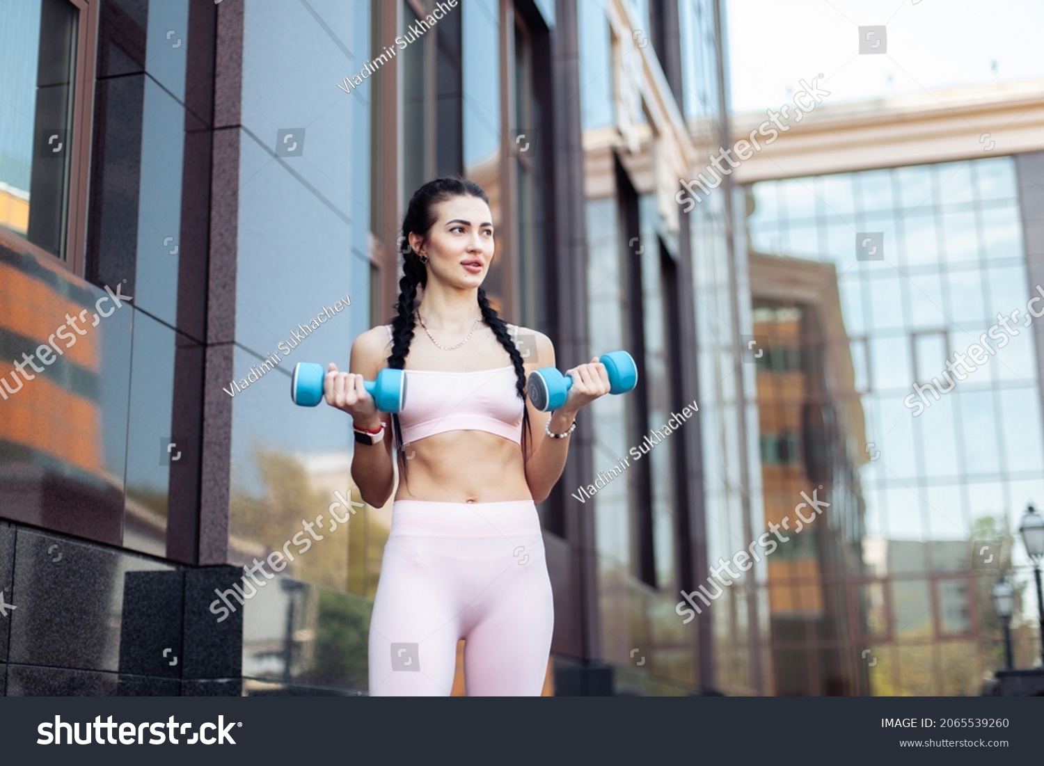 Sexy Fit Brunette Woman Pigtails Trains Stock Photo Edit Now 2065539260