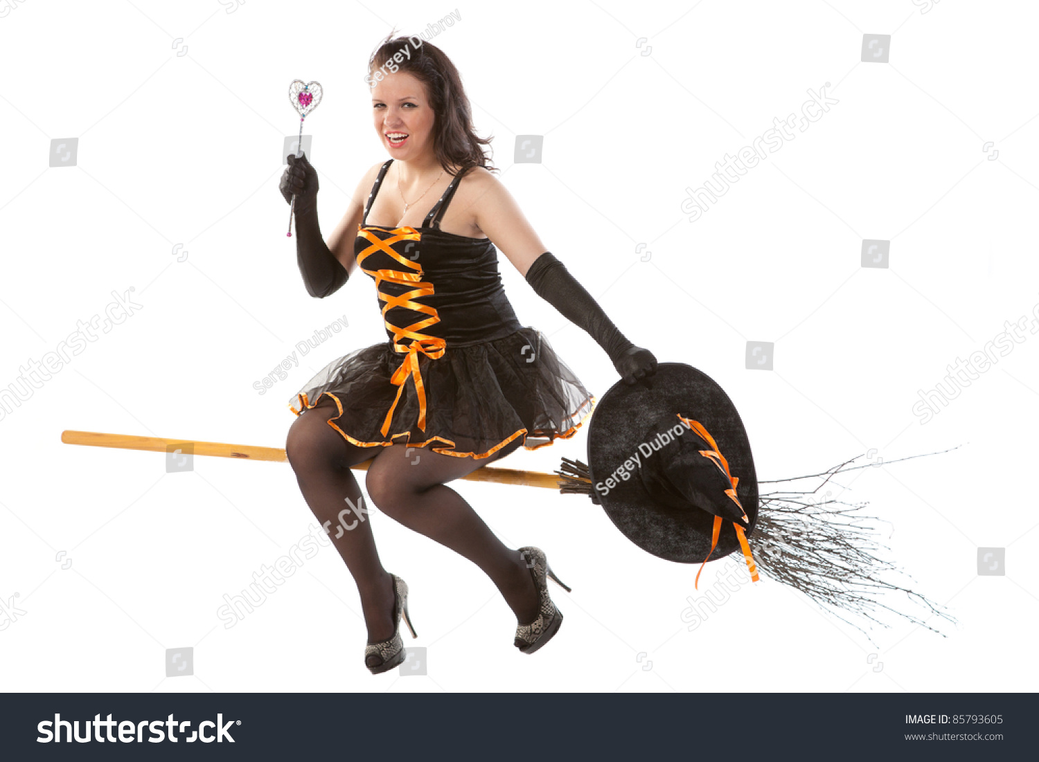 Sexy Girl In Halloween Witch Flying On A Broom Stock Photo Shutterstock