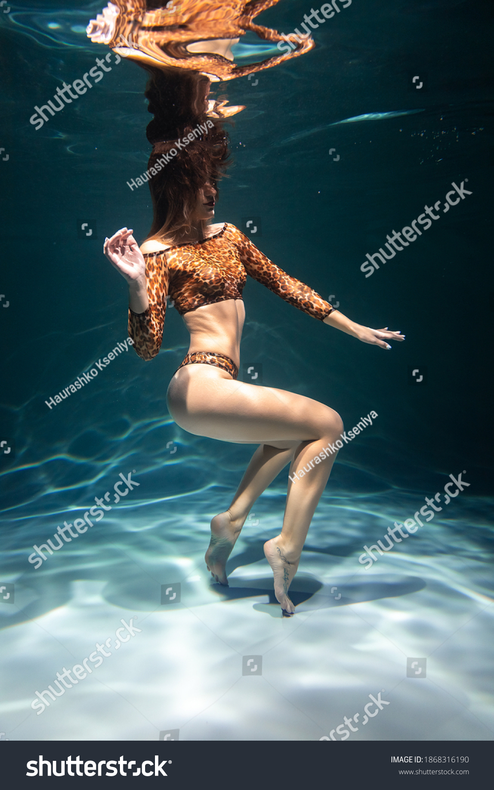 Sexy Girl Leopard Lingerie Swims Underwater Stock Photo Edit Now