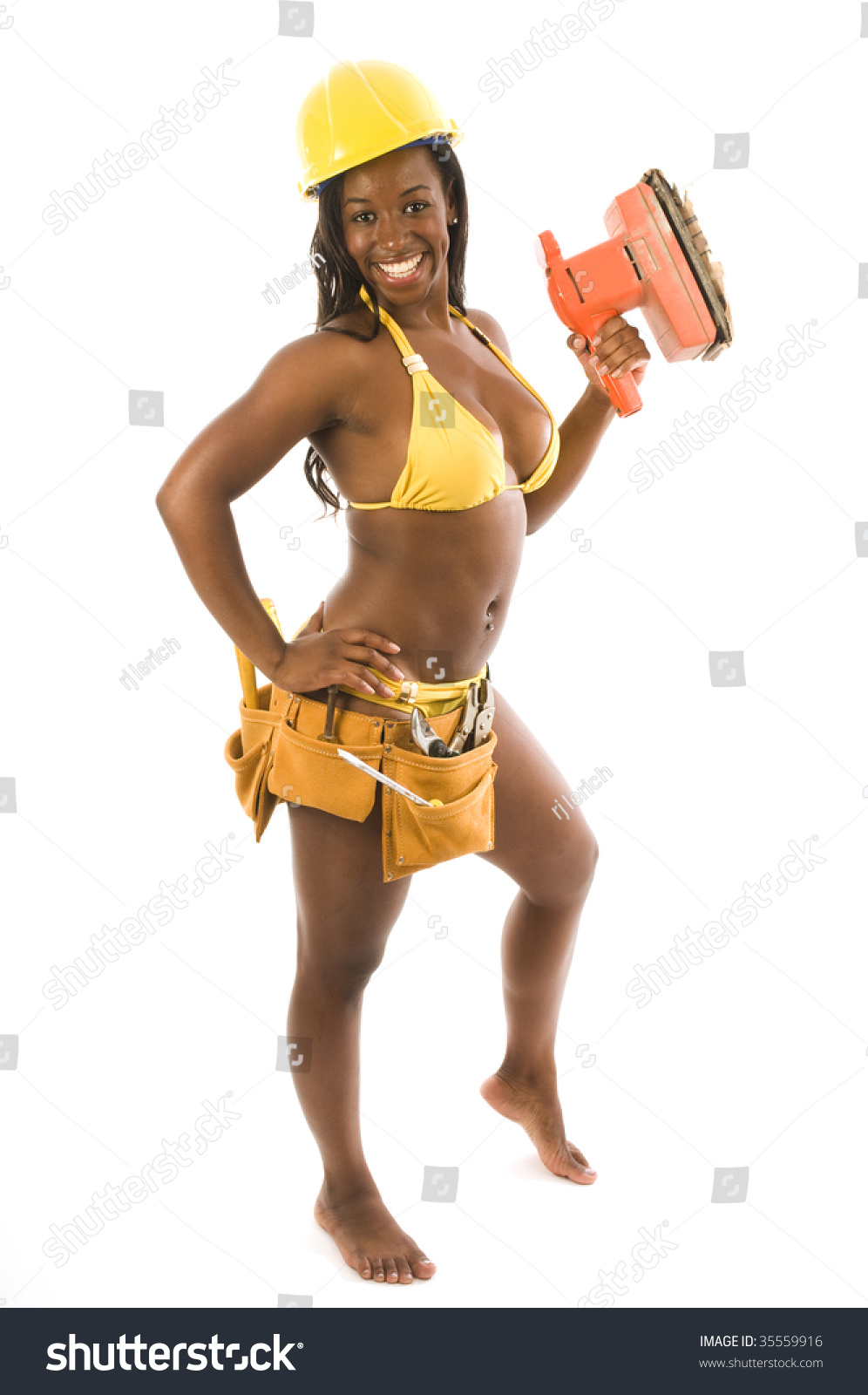 Sexy Hispanic Black Woman Contractor Construction Woman In Bikini With