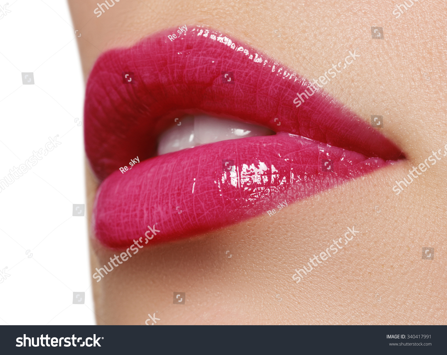 Sexy Pink Wet Lip Makeup Closeup Stock Photo 34041799