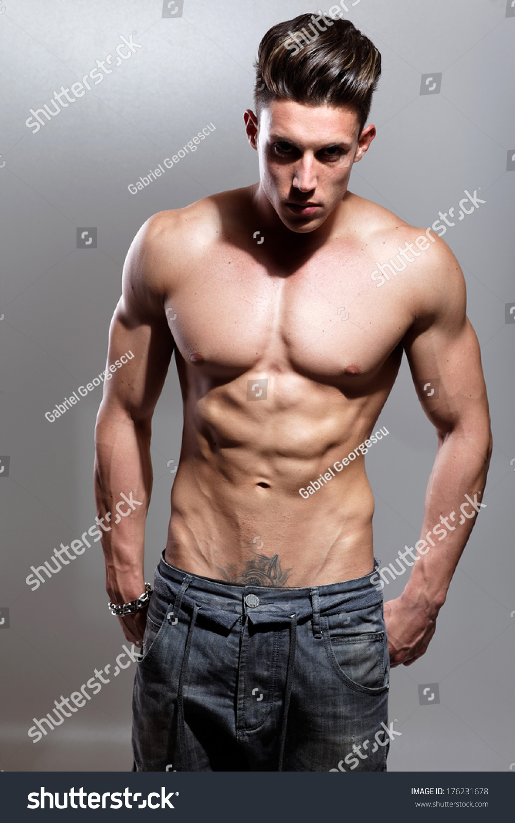 Sexy Portrait Very Muscular Shirtless Male Foto Stok