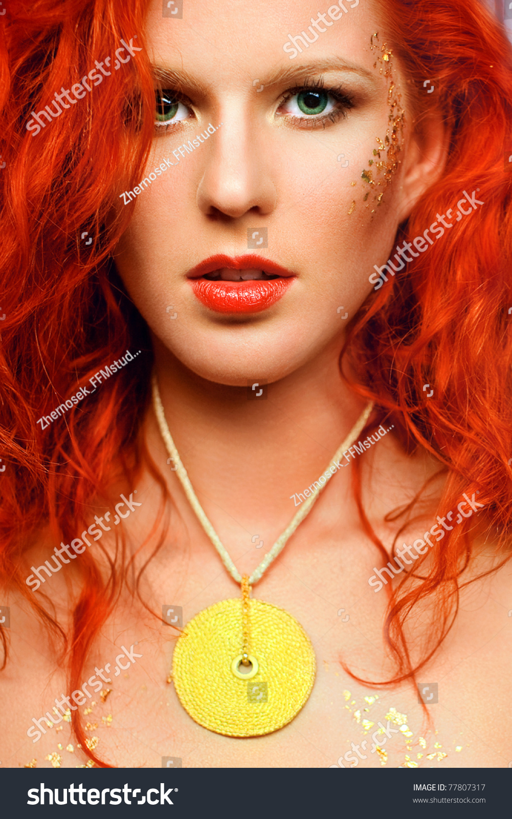 Sexy Redhead Girl Unusual Makeup Necklace Stock Photo