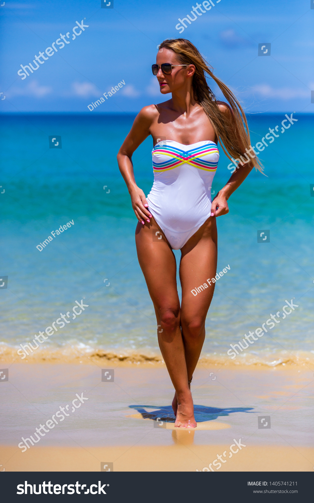 Sexy Slim Woman White Bikini Walking Stock Photo Edit Now