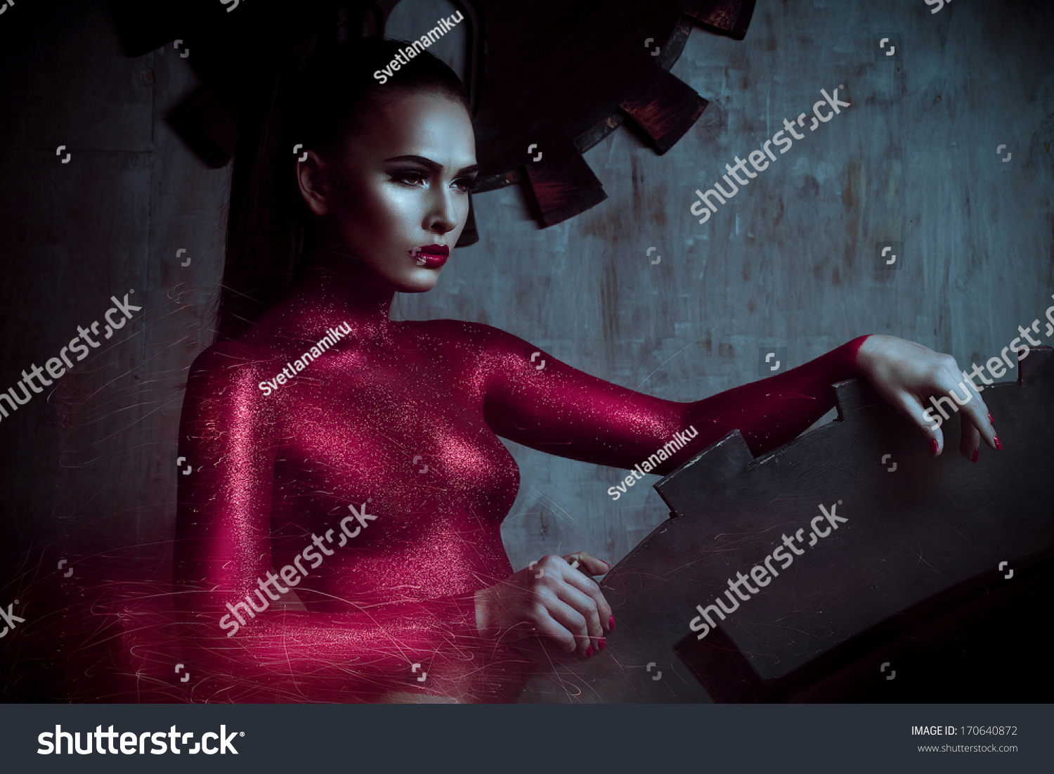 Sexy Woman Covered With Red Glitter On The Background Art Details Stock