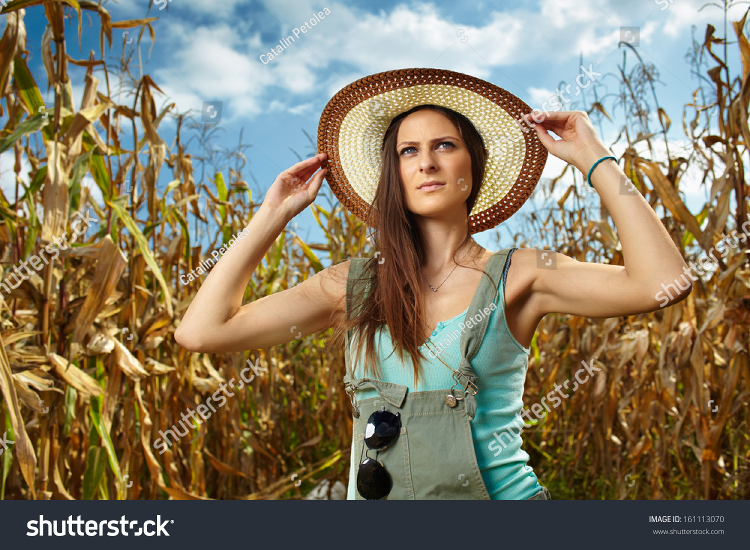 Sexy Woman Farmer Standing Cornfield Harvest Stock Photo 161113070