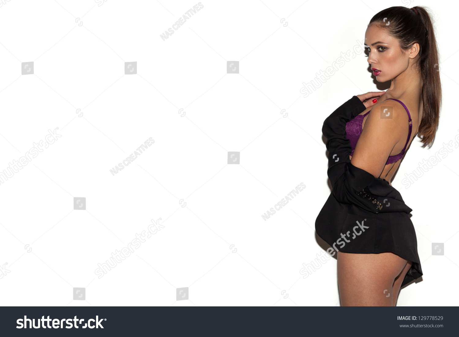 Sexy Woman Purple Lingerie Covering Her Stock Photo