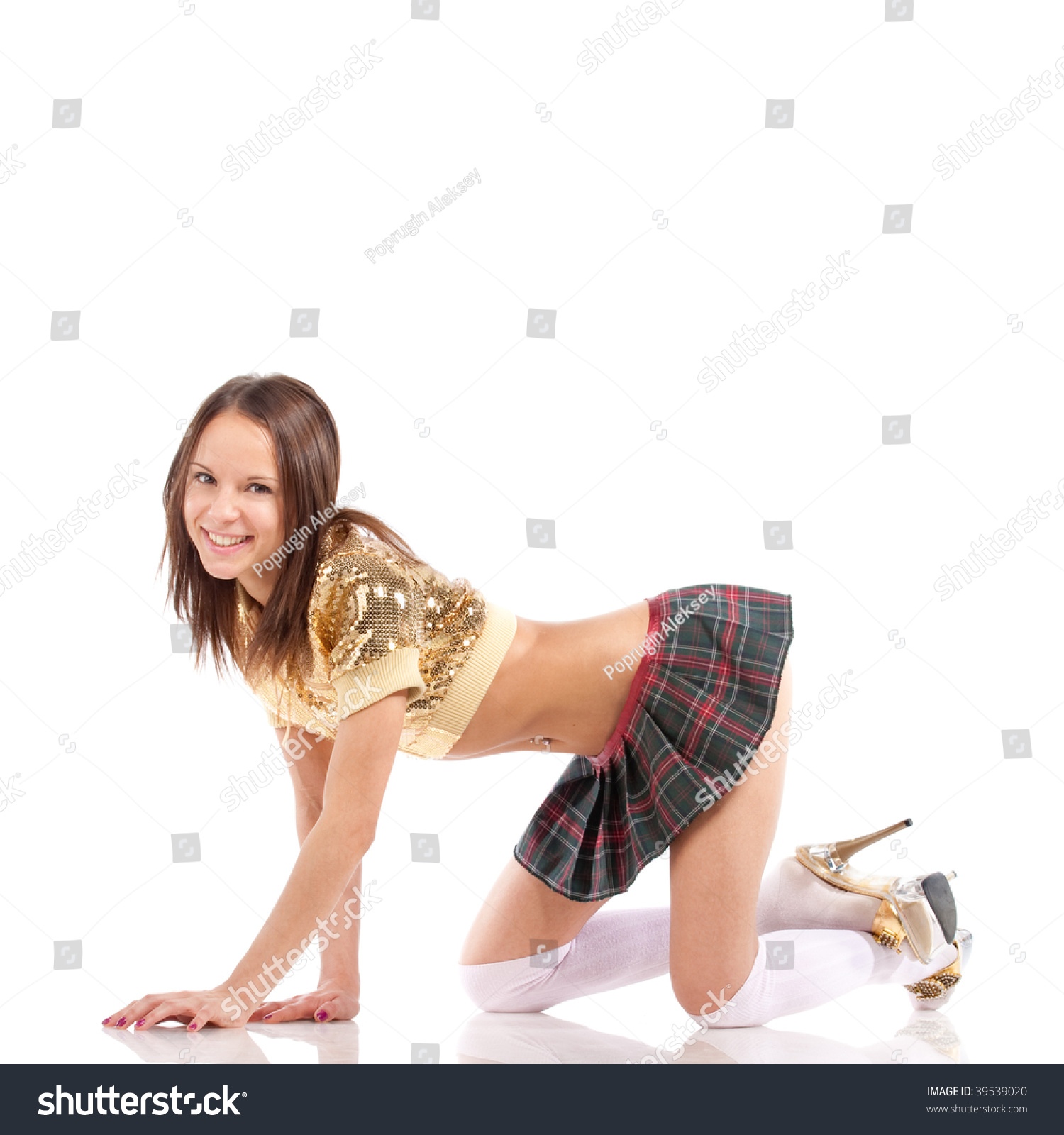 Sexy Woman Posing On Her Knees Isolated Over White Background Stock