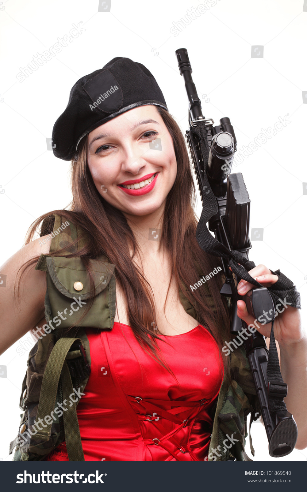 Sexy Women Girl Holding An Assault Rifle Islated On White Background