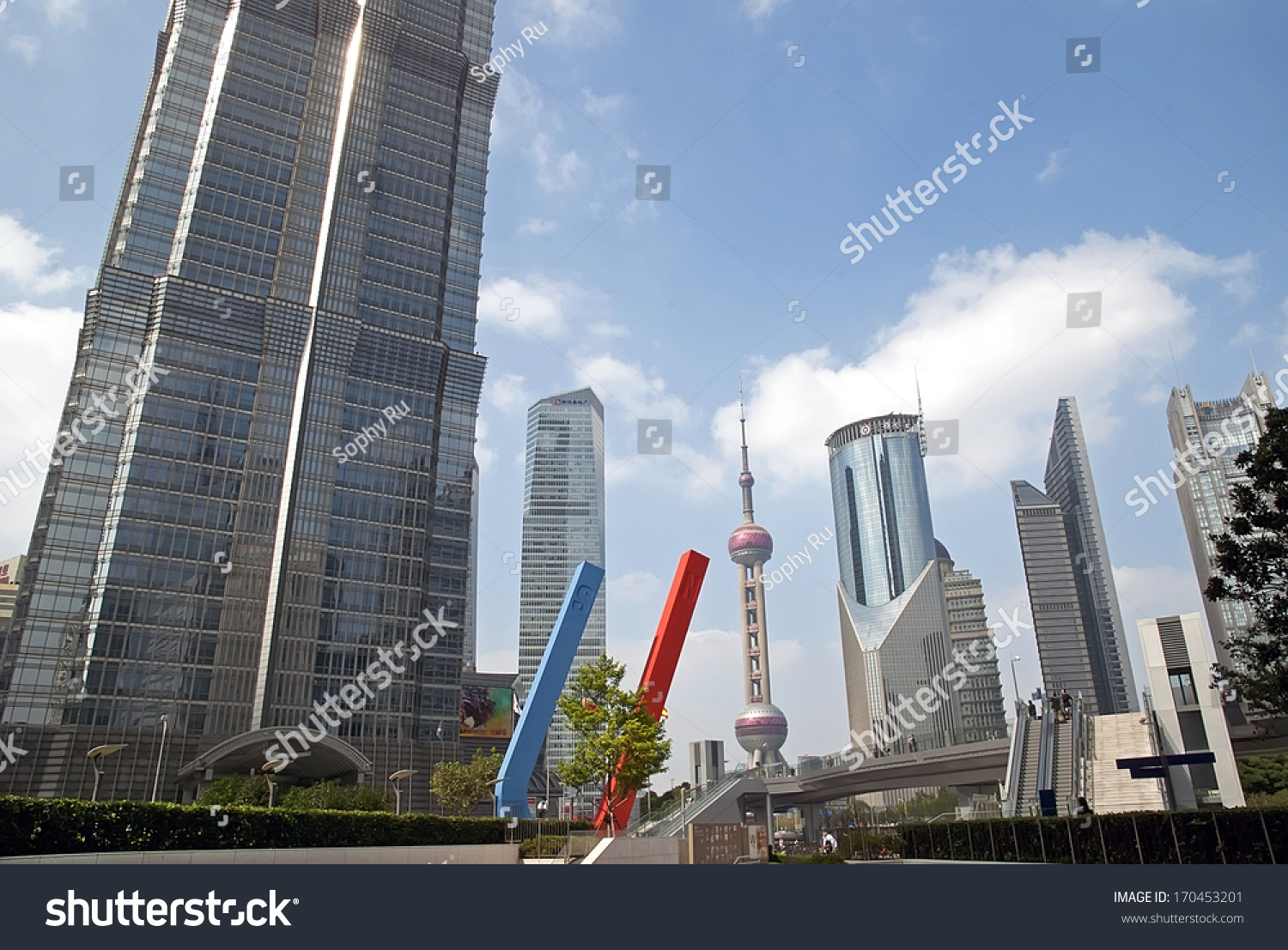 Shanghai China november 4 Pudong district of Shanghai city on 4th of November 2013 China There are famous television tower Oriental Pearl some skyscrapers and a big magnet Shanghai China november 4 Pudong district of Shanghai city on 4th of November 2013 China There are famous television tower Oriental Pearl some skyscrapers and a big magnet