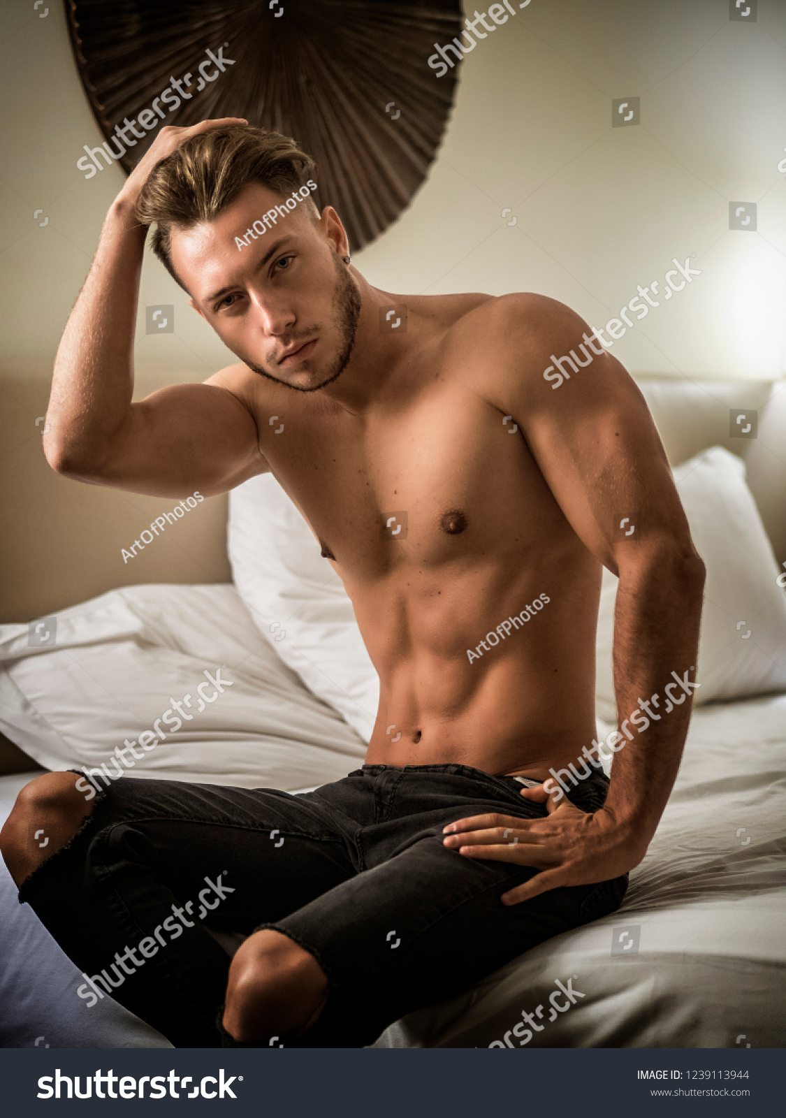 Shirtless Sexy Male Model Lying Alone Foto Stok Shutterstock