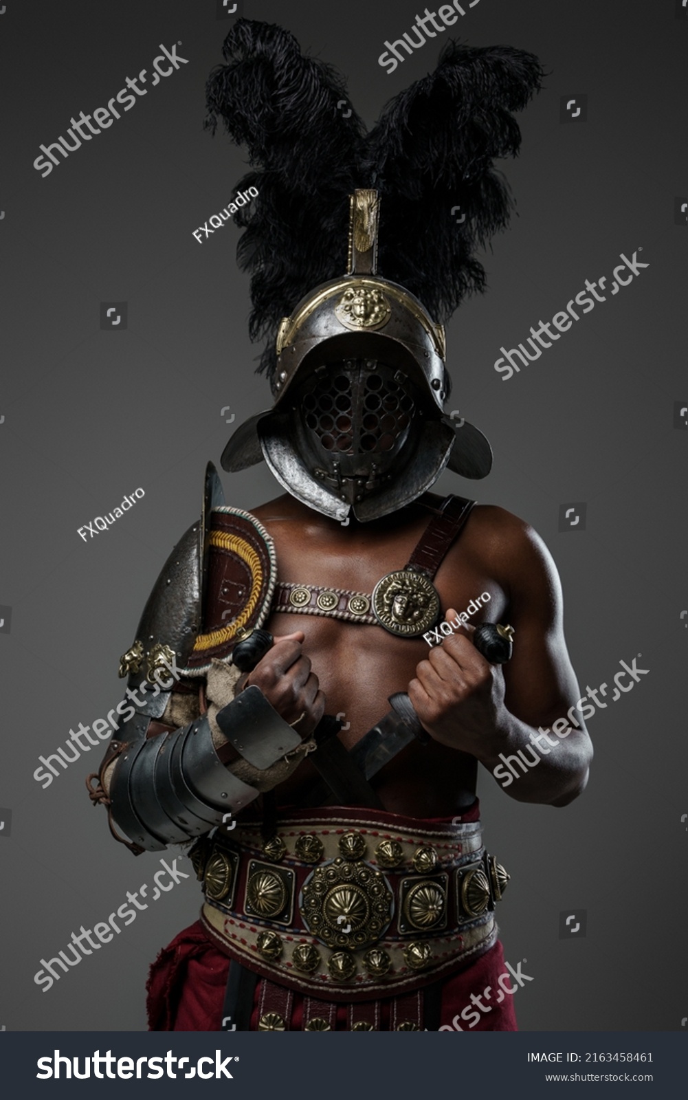 Shot Muscular Black Gladiator Naked Torso Stock Photo