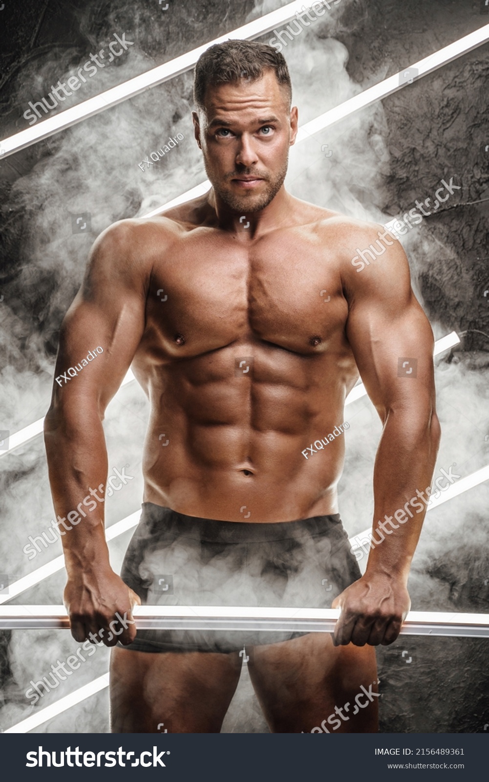 Shot Muscular Macho Naked Body Barbell Stock Photo