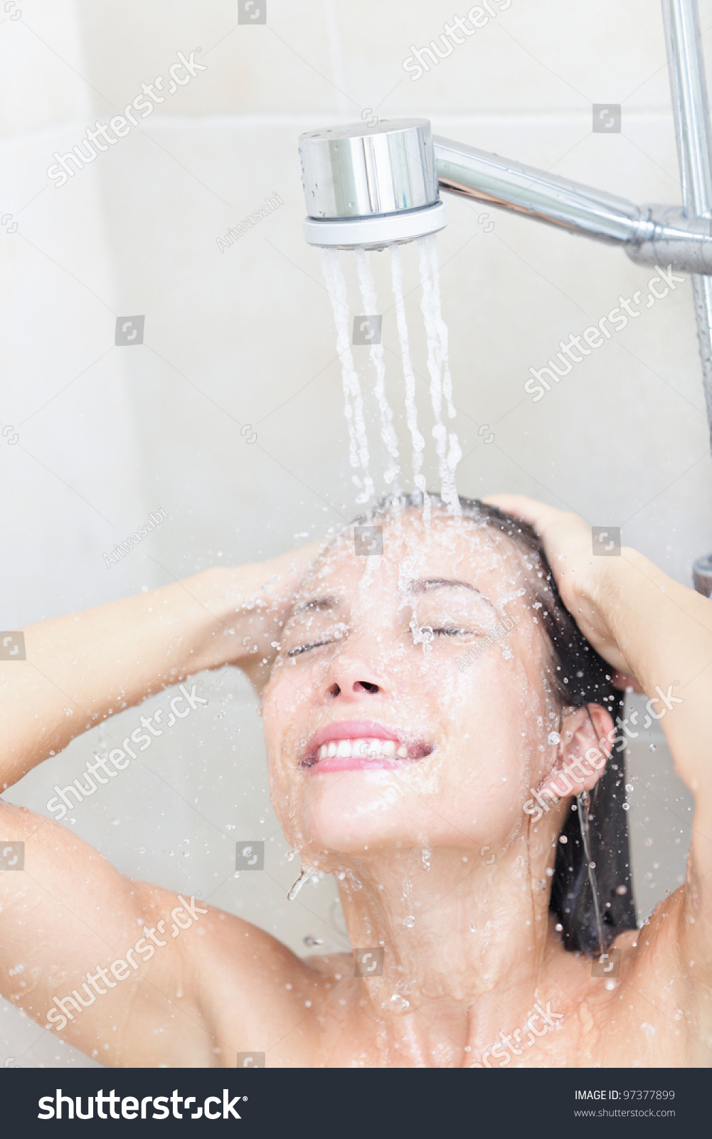 Shower Woman Washing Face And Hair Smiling Happy Showering Under Shower