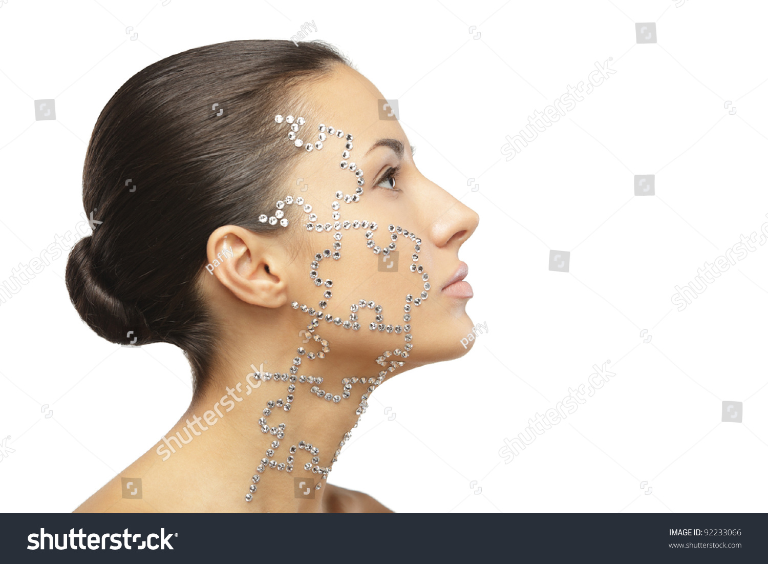 Side View Portrait Of Female With Beauty Crystal Puzzle On Her Face