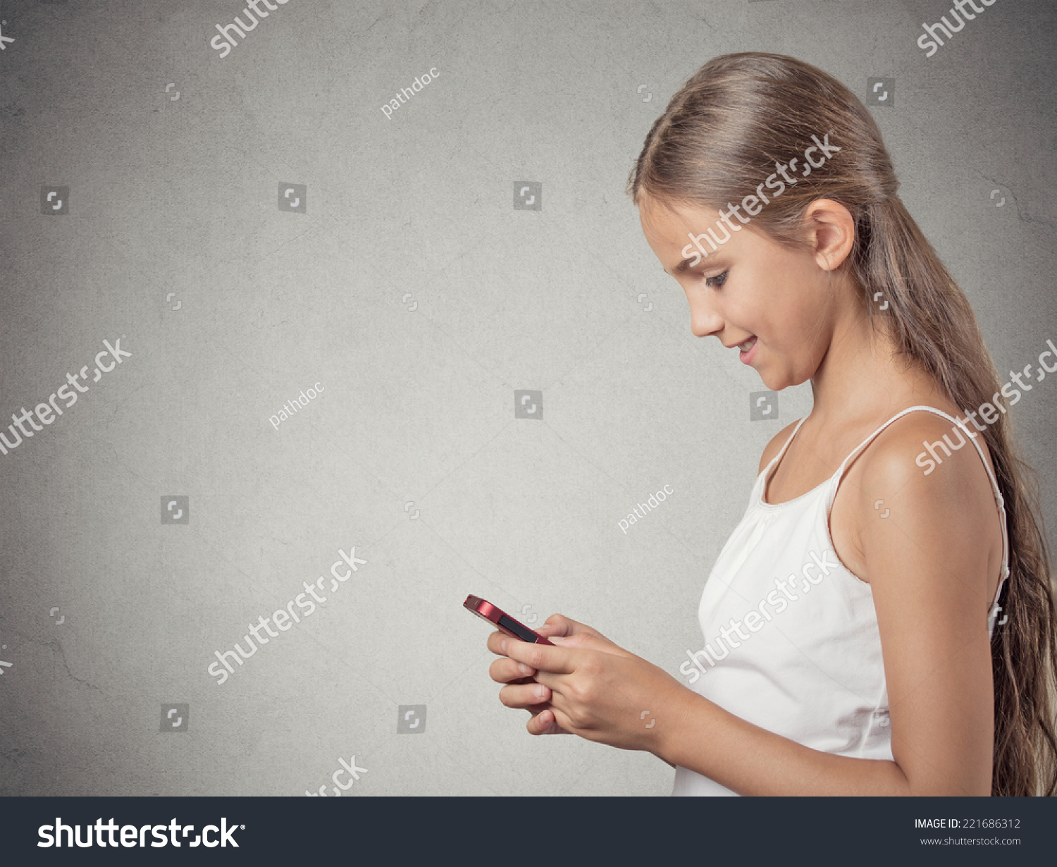 Side View Profile Portrait Happy, Cheerful, Teenager Girl Texting On ...