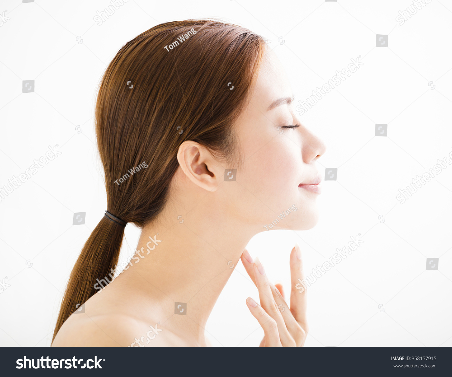 Side View Young Smiling Woman With Clean Face Stock Photo 358157915