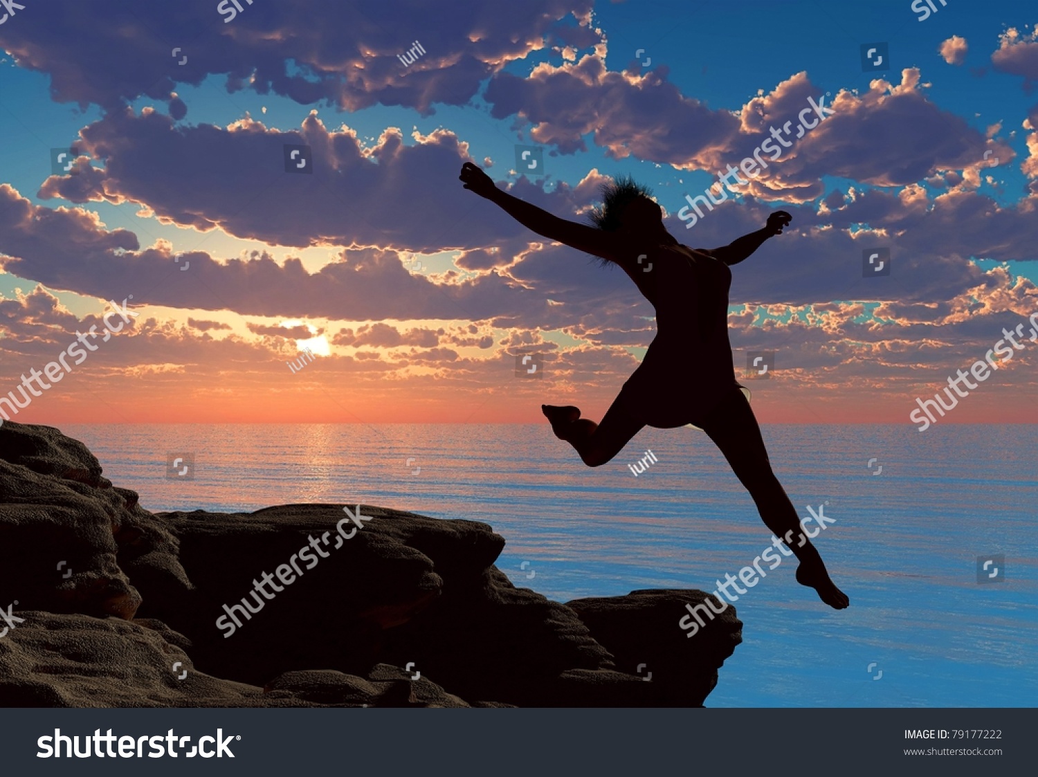 Silhouette Of A Girl Jumping Off A Cliff. Stock Photo 79177222 ...