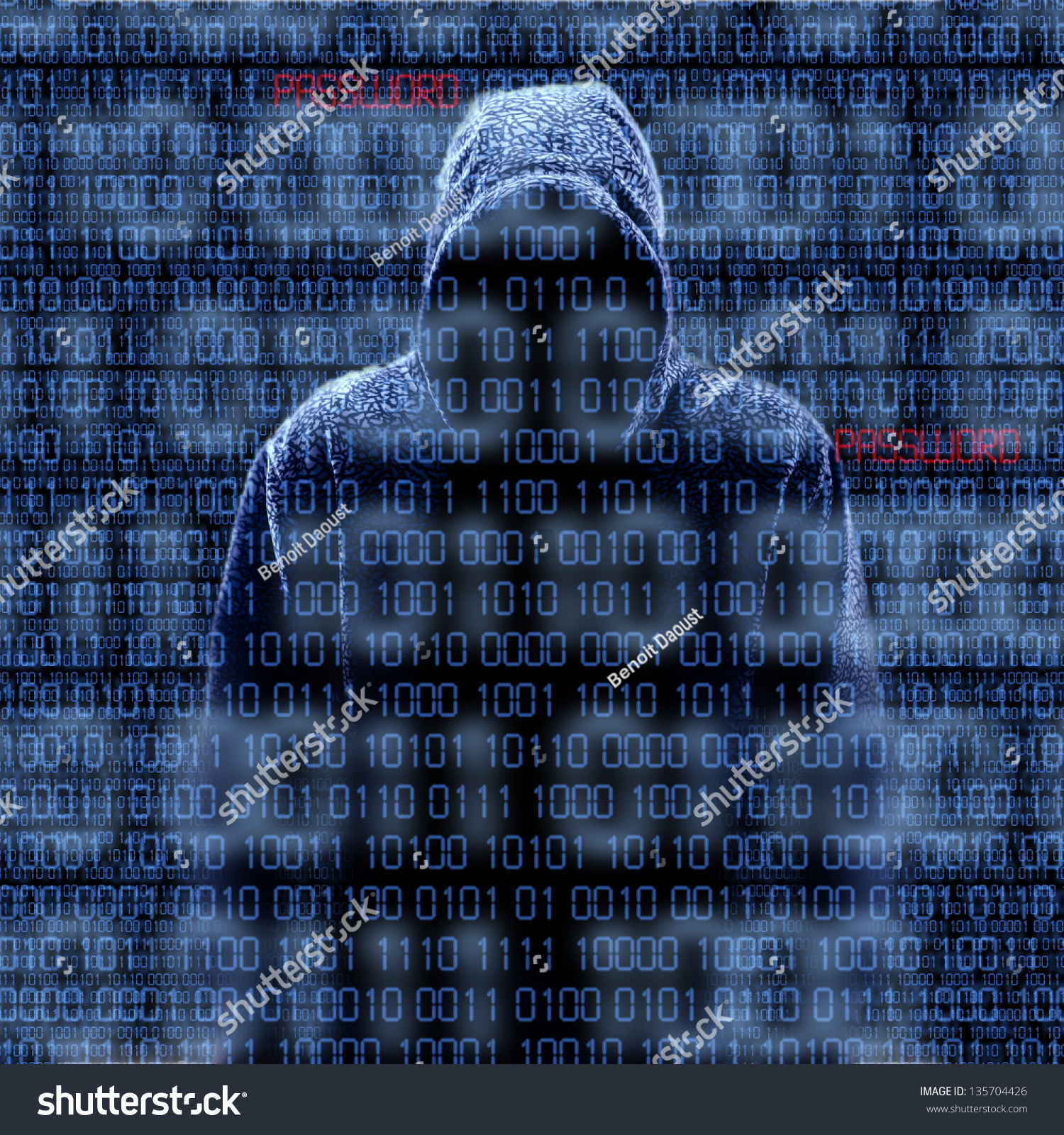 Silhouette Of A Hacker Isolated On Black With Binary Codes On 