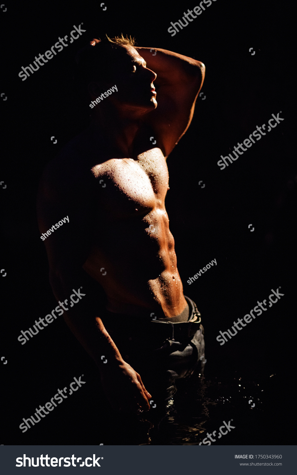 Silhouette Sexy Muscular Man Shirtless Wearing Stock Photo 1750343960