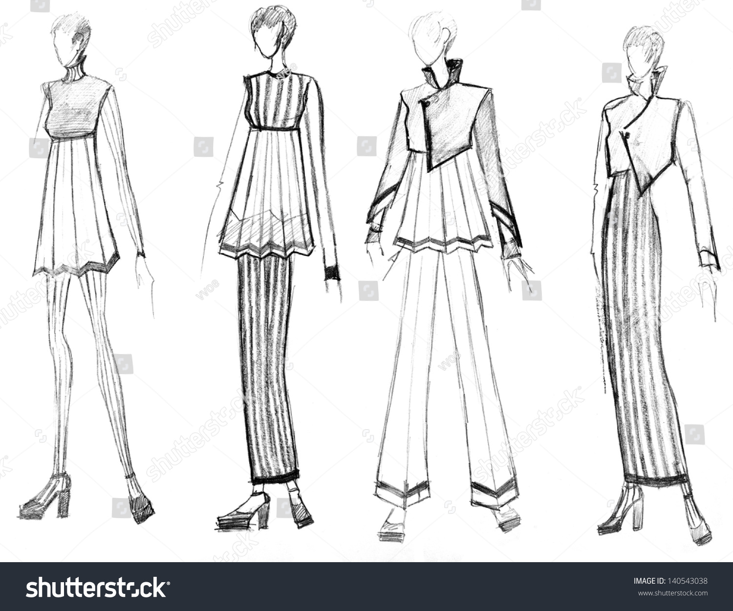 Sketch Of Fashion Model - Range Of Striped Female Clothing Stock Photo