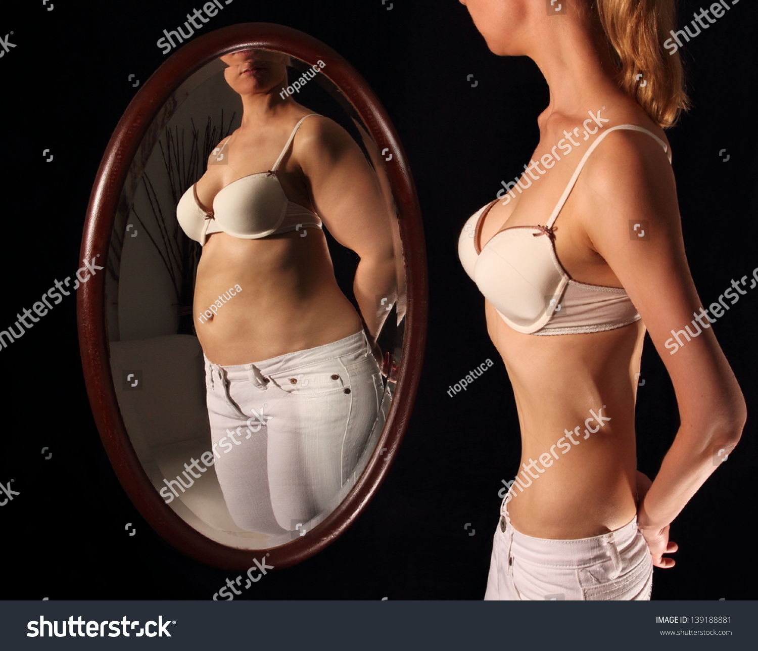 Skinny Woman Seeing Herself Fat Mirror Stock Photo 139188881 Shutterstock