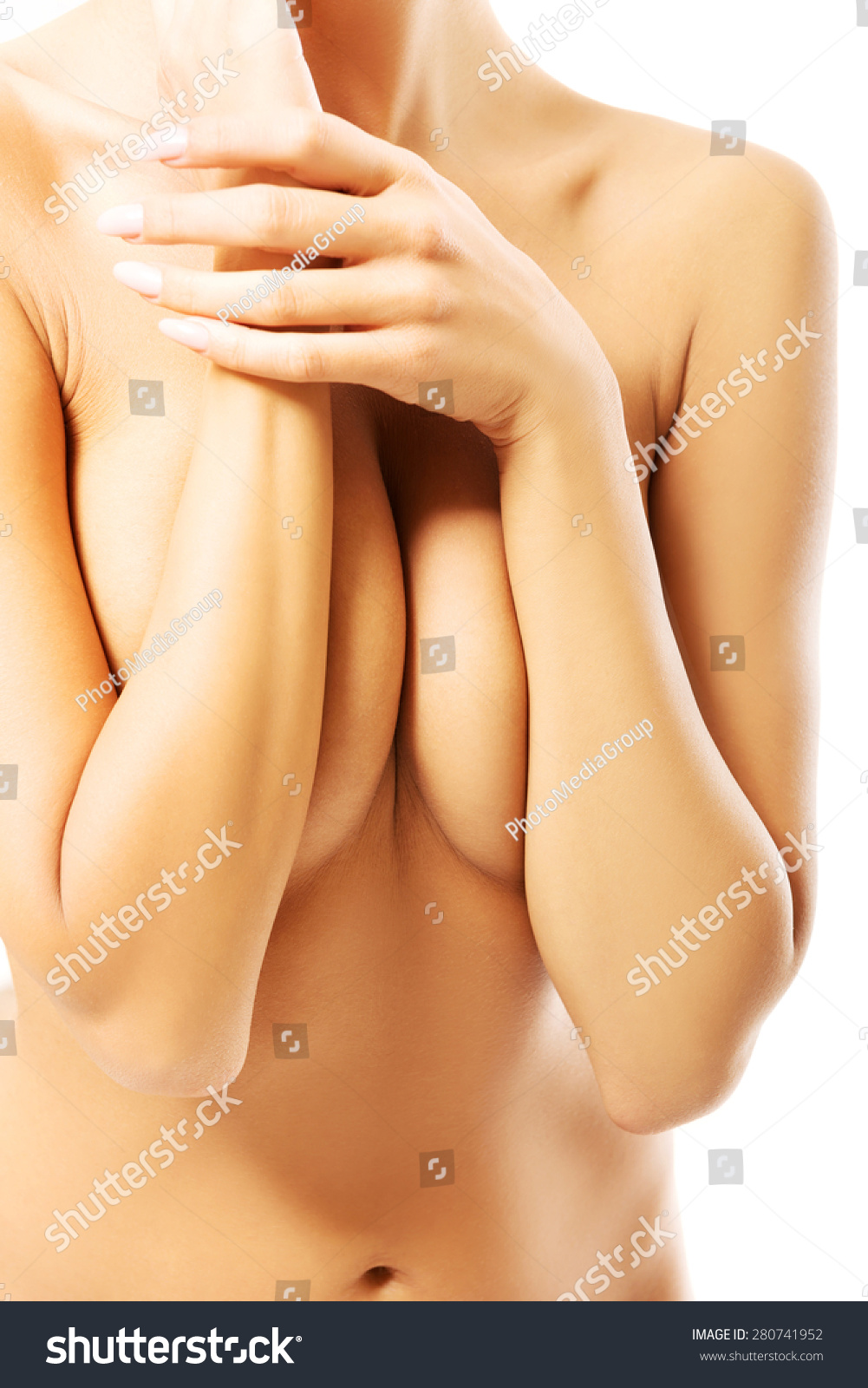 Slim Nude Woman Covering Her Breast Foto Stok Shutterstock