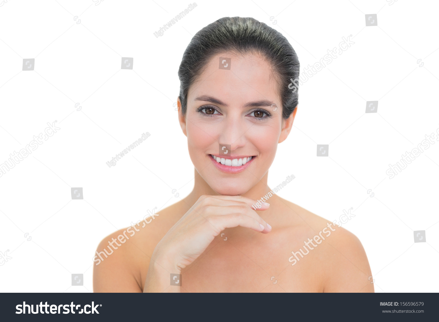 Smiling Bare Brunette Touching Her Chin Stock Photo Edit Now