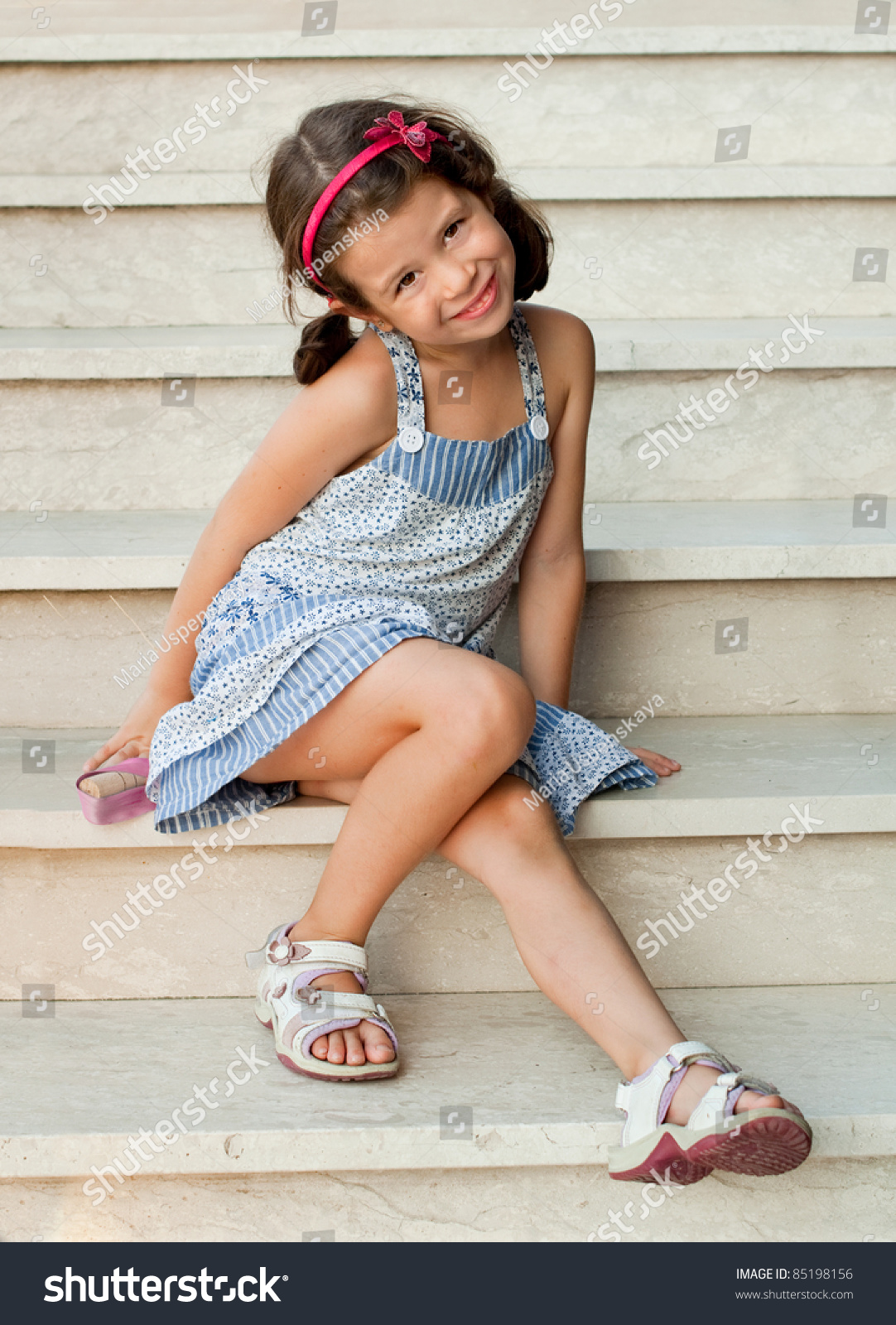 Smiling Girl Summer Dress Sitting On Stock Photo 85198156 - Shutterstock