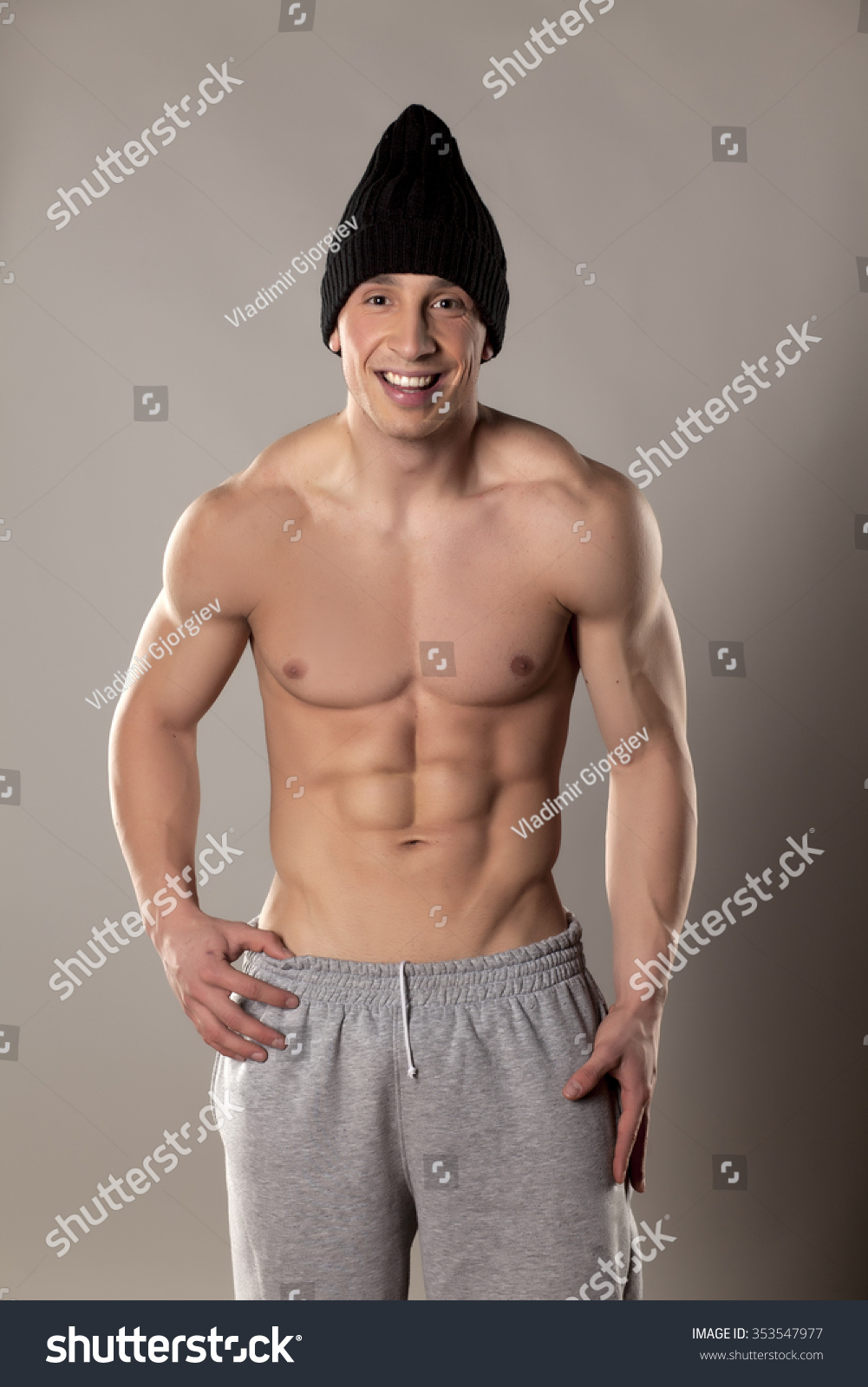Smiling Halfnaked Muscular Man On Black Stock Photo Edit Now